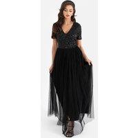Maya Deluxe Women's Short Sleeve V Neck Embellished Maxi Dress in Black | Size: 8