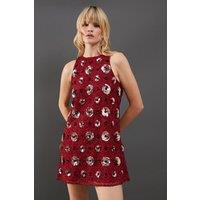 Warehouse Women's Premium Rose Hand Embellished Sequin Racer Mini Dress in Red | Size: 10