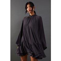 Chiffon Drop Hem High Neck Flare Sleeve Mini Swing Dress