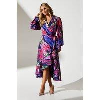 Petite Printed Satin Wrap Wedding Guest Dress