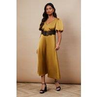 Oasis Women's Occasion Satin Lace Waist Midi Dress in Gold | Size: 10