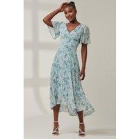 Jolie Moi Women's Chelsea Pleated Chiffon Dip Hem Maxi Dre in Light Blue | Size: 20