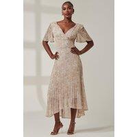 Jolie Moi Women's Chelsea Pleated Chiffon Dip Hem Maxi Dre in Taupe | Size: 10