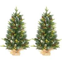 HOMCOM 2pcs Prelit Christmas Tree Tabletop Xmas Tree with LED Lights, Concrete Base in Green | Size: 2ft