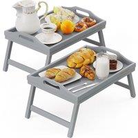 MANTRARAJ Bamboo Bed Tray Table Pack Of 2 With Foldable Legs & Handles Breakfast Tray in Grey | Size: 2 Pack