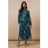 Oasis Women's Occasion Floral Glitter Lace Trim Midi Dress in Green | Size: 10