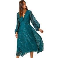 Roman Women's Floral Textured Twist Front Chiffon Midi Dress in Dark Green | Size: 10