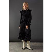 Warehouse Women's Satin Tie Neck Ruffle Midi Dress in Black | Size: 8
