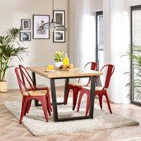 FurnitureboxUK 4 Seater Wood Dining Table - Cotswold 'Oak' Herringbone Dining Table & 4 White Colton Wooden Seat Metal Chairs in Red