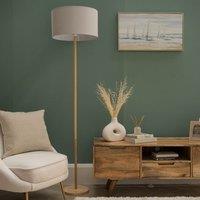 ValueLights Heather Light Wood Floor Lamp with Fabric Drum Shade in Light Grey