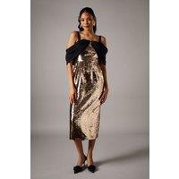 Party Sequin Velvet Bardot Pencil Dress