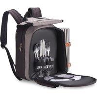 VonShef 2 Person Picnic Backpack with Full Dining Set & Blanket in Grey