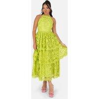 Maya Deluxe Women's Halter Neck Tiered Lace Midi Dress in Green | Size: 12