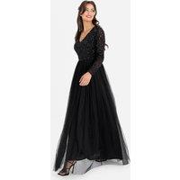 Maya Deluxe Women's V Neck Embellished Long Sleeve Maxi Dress in Black | Size: 6