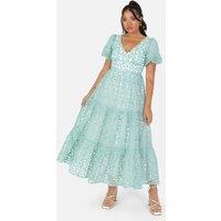 Maya Deluxe Women's Embroidered Open Back Midi Dress in Green | Size: 18