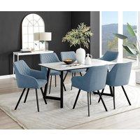 FurnitureboxUK Carson White Marble Effect Dining Table & 6 Falun Black Leg Chairs in Blue