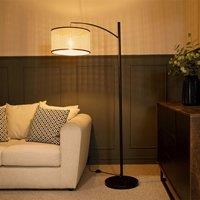 ValueLights Preto Black Metal Curved Floor Lamp With Cane Shade