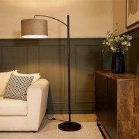 ValueLights Preto Black Metal Curved Floor Lamp With Grey Velvet Shade