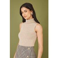 Yumi Women's Oatmeal Knitted Roll Neck Sleeveless Jumper in Beige | Size: Large