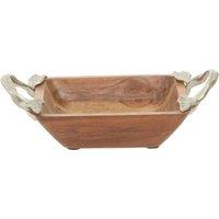 Orsina Acacia Wood Square Bowl, Artisan Wooden Fruit Tray With Leaf-Style Metal Grips, Natural Grain Display Bowl