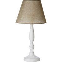 Orsina Round Base Table Lamp with EU Plug, White Wooden Candlestick Lamp Base, Fabric Shade with In-Line Switch in Beige