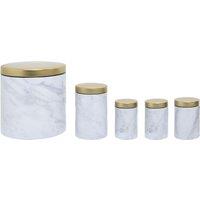 Orsina 5Pc White Marble Effect Storage Set, Kitchen Storage Set, 5 Piece Kitchen Canister Set, Metal Canisters