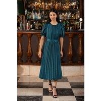 Yumi Women's Green Satin Striped Midi Dress With Pleats & Matching Belt | Size: 10