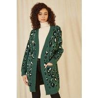 Yumi Women's Green Animal Intarsia Long Cardigan | Size: Medium/Large
