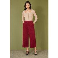 Yumi Women's Burgundy Cord Cropped Wide Leg Trousers With Pockets | Size: 10