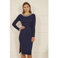Yumi Women's Navy Pearl Neckline Fitted Midi Knitted Dress | Size: Large