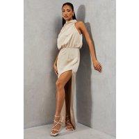 MissPap Women's Textured Satin One Shoulder Maxi Dress in Champagne | Size: 8