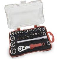 Lumberjack 25 Piece 1/4" Square Drive Metric Socket Set with Screwdriver Bits For DIY Home Workshop & Professional Use in Red