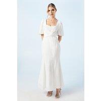 Oasis Women's Puff Sleeve Satin Jacquard Wrap Waist Wedding Dress in Ivory | Size: 10