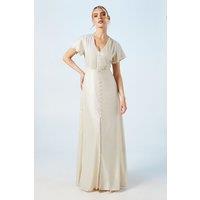 Oasis Women's Champagne Shimmer Flutter Sleeve Maxi Wedding Dress | Size: 8