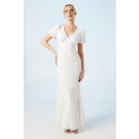 Oasis Women's V Neck Puff Sleeve Satin Jacquard Wedding Dress in Ivory | Size: 12