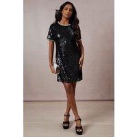 Oasis Women's Occasion Sequin Shift Dress With Diamante Trim Detail in True Black | Size: 10