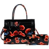 Fontanella Fashion Women's Poppy Patterned 2 in 1 Ribbon Tote Bag with Purse in Black
