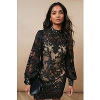 Oasis Women's Embroidered Mesh Sweetheart Neck Mini Dress in True Black | Size: 8