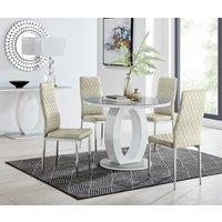 FurnitureboxUK Giovani Round 4 Seat 100cm White High Gloss Halo Base Grey Glass Top Dining Table 4 Soft Velvet Silver Leg Milan Chairs in Cream