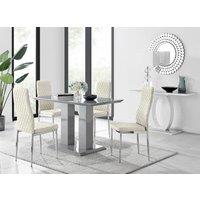 FurnitureboxUK Imperia Grey High Gloss 4 Seater Dining Table with Structural 2 Plinth Column Legs 4 Soft Velvet Silver Leg Milan Chairs in Cream