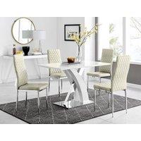 FurnitureboxUK Atlanta White High Gloss & Chrome 4 Seater Dining Table with X Shaped Legs & 4 Soft Velvet Milan Chairs in Cream