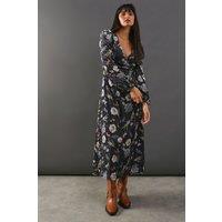 Warehouse Women's Premium Printed Velvet V Neck Midi Tea Dress in Black | Size: 8