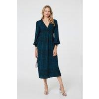 Izabel London Women's Animal Print Long Puff Sleeve Midi Dress in Green | Size: 12