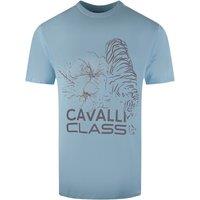 Cavalli Class Men's Floral Tiger Design Light Blue T-Shirt | Size: XL
