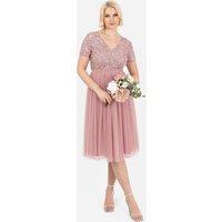 Maya Deluxe Women's Short Sleeve V Neck Embellished Midi Dress in Dusty Pink | Size: 14