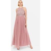 Maya Deluxe Women's Embellished Halter Neck Maxi Dress in Dusty Pink | Size: 18