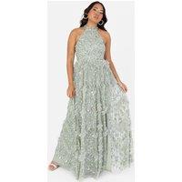 Maya Deluxe Women's Fully Embellished Halter Neck Maxi Dress in Mint | Size: 16