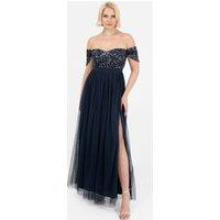 Maya Deluxe Women's Embellished Sweetheart Bardot Maxi Dress in Dark Navy | Size: 16