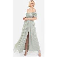 Maya Deluxe Women's Embellished Sweetheart Bardot Maxi Dress in Mint | Size: 18