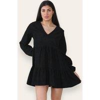 ELAINA FASHION Women's Corduroy V Neck Smock Mini Dress in Black | Size: 12